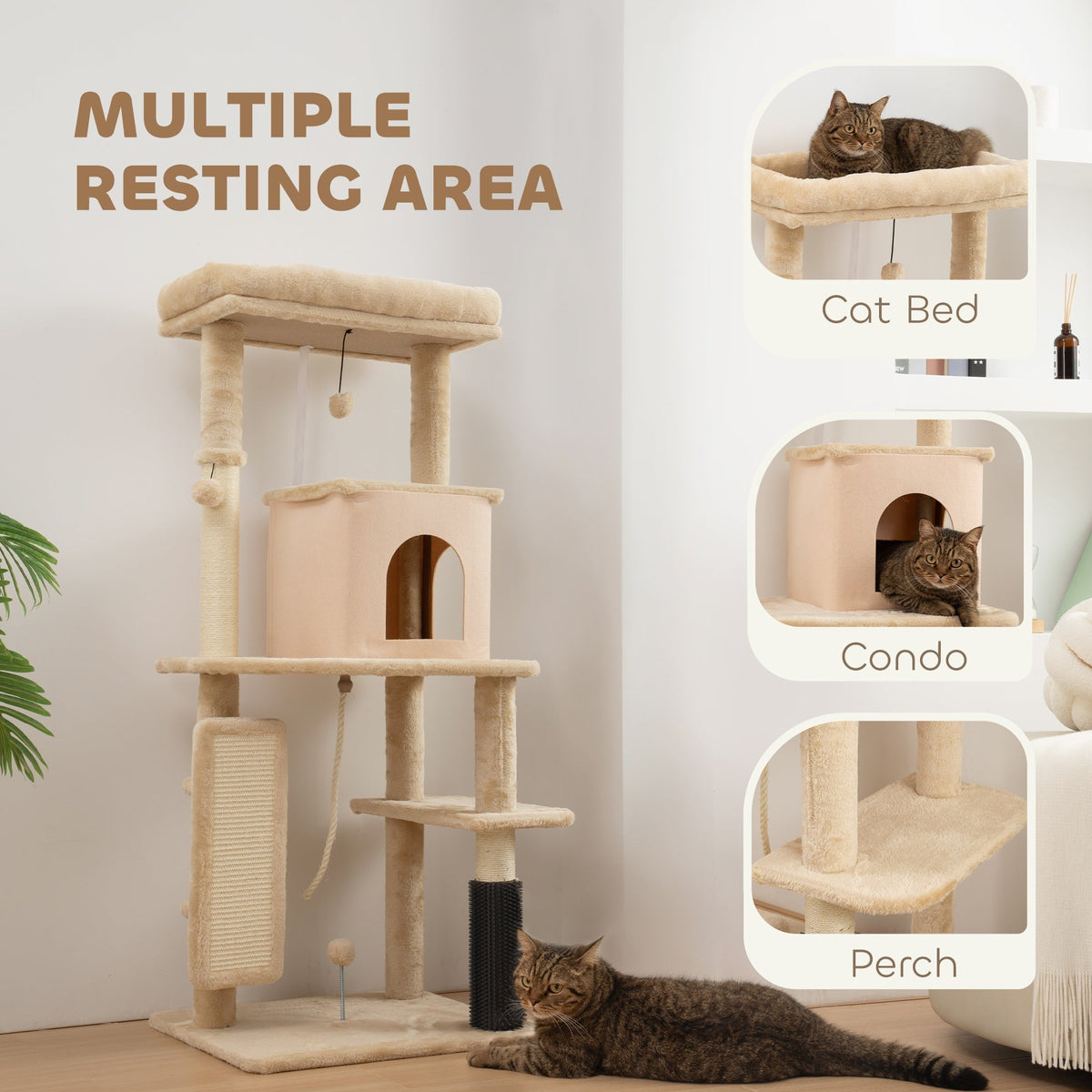 The cat tree featuring three inset circles showing a cat using the bed, condo and perch