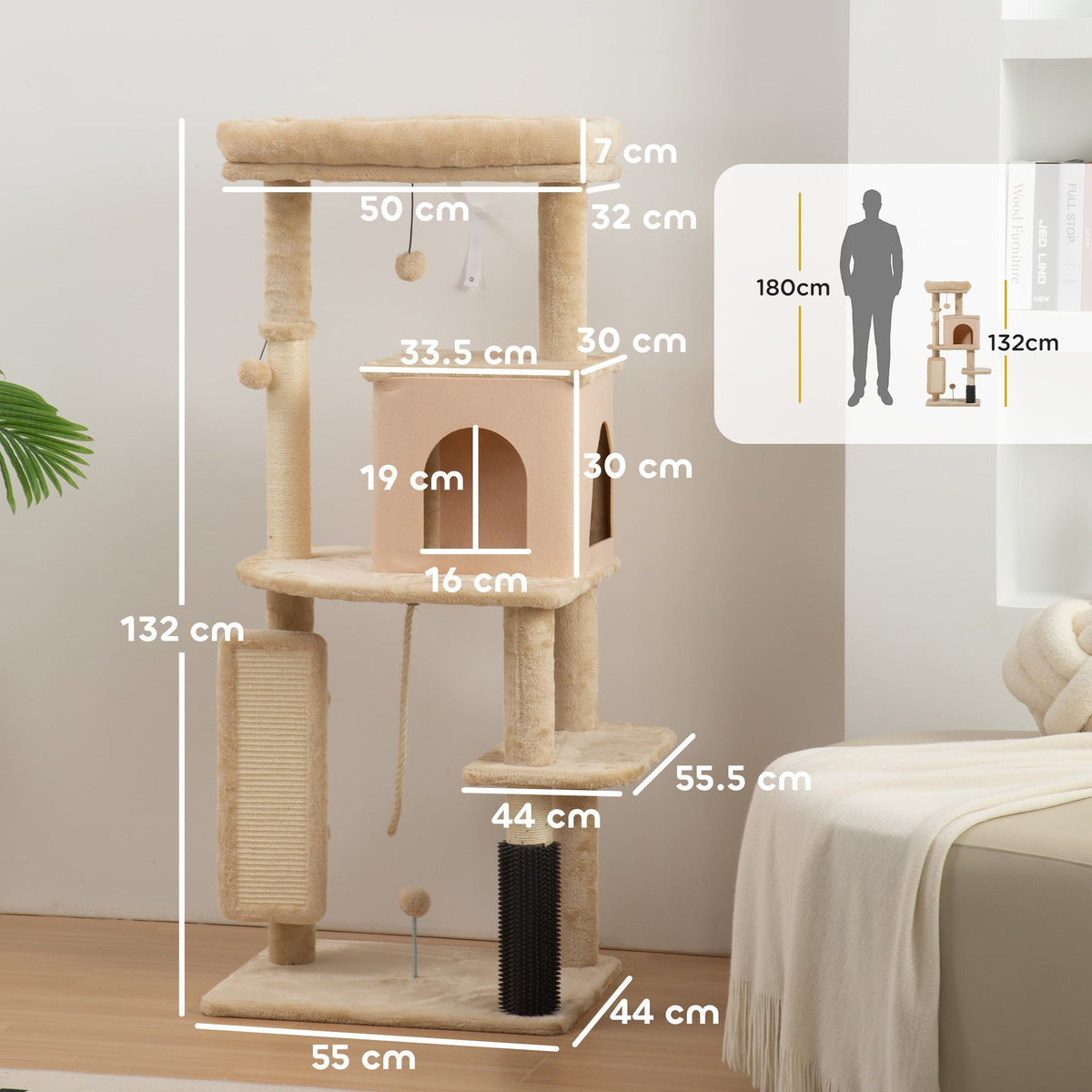 The cat tree with white lines and text indicating the dimensions of each section