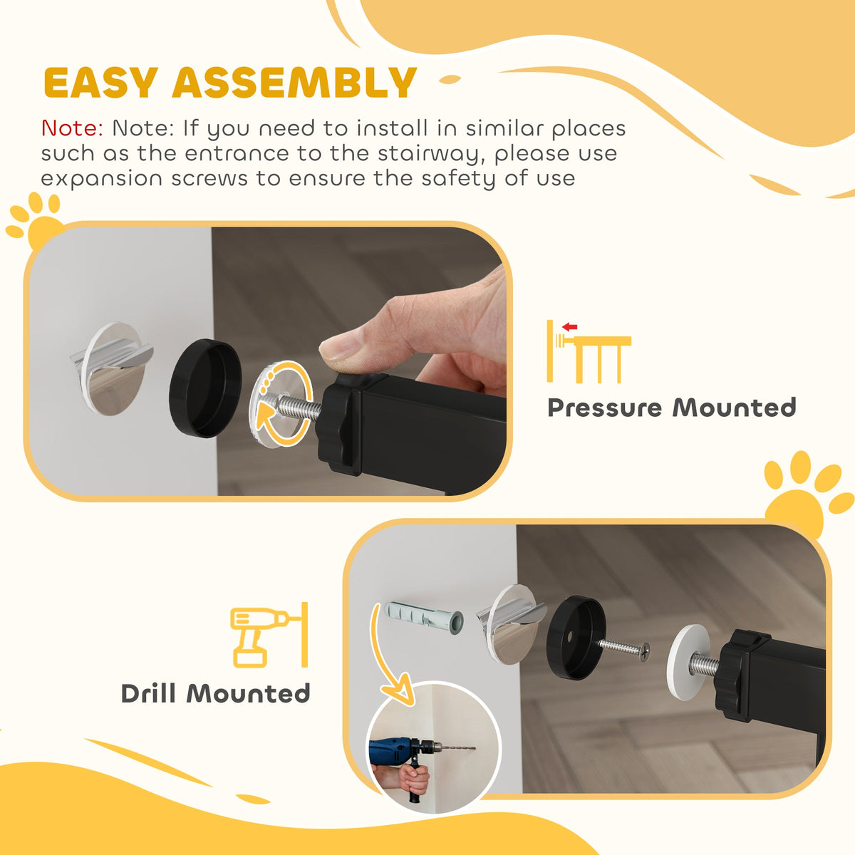 Close-up of the pressure mounted and drill mounted fixing options for the tall dog gate