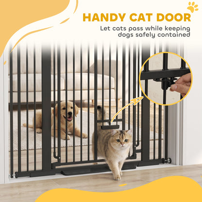Close-up of the handy cat door on the tall dog gate, with a hand demonstrating the latch