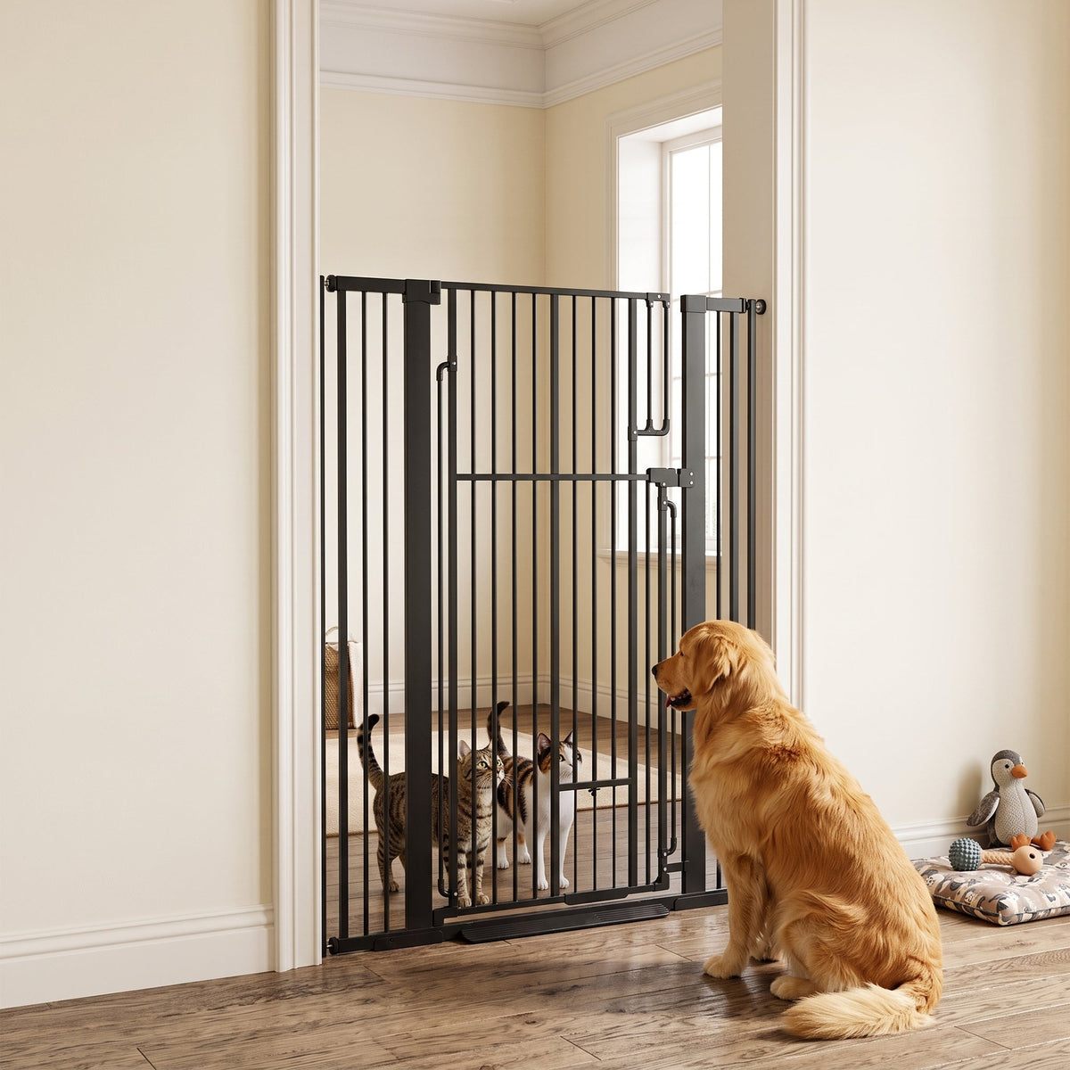 The tall dog gate with cat door is installed in a hallway, with pets passing through