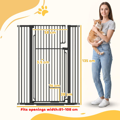A diagram of the tall dog gate with cat door showing dimensions and opening width
