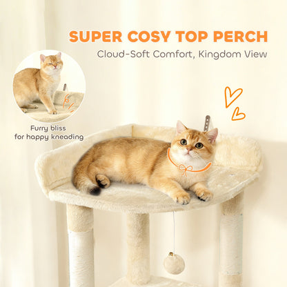 Close up of the top perch with a cat resting and an inset showing a cat kneading the soft fabric