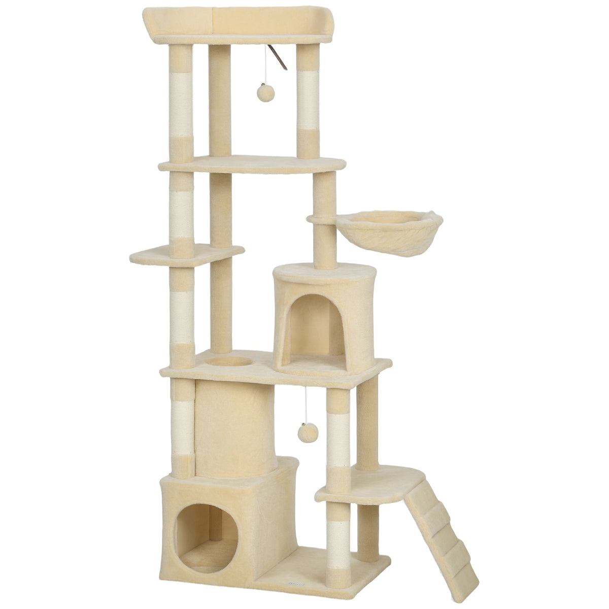 PawHut 170 cm Large Cat Tree with multiple platforms, scratching posts, condos and a hanging hammock