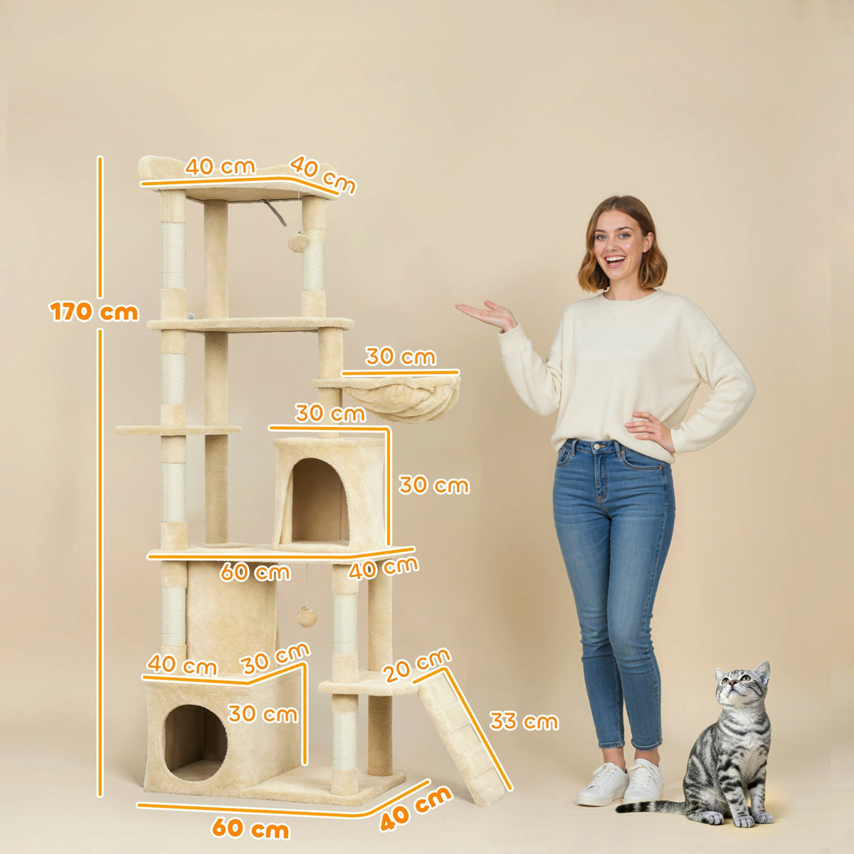 The cat tower next to a woman for scale with orange lines showing the dimensions of each part