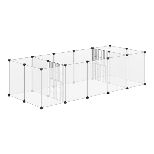 PawHut 18-Panel Small Animal Cage set up in a long rectangular formation on a wooden floor