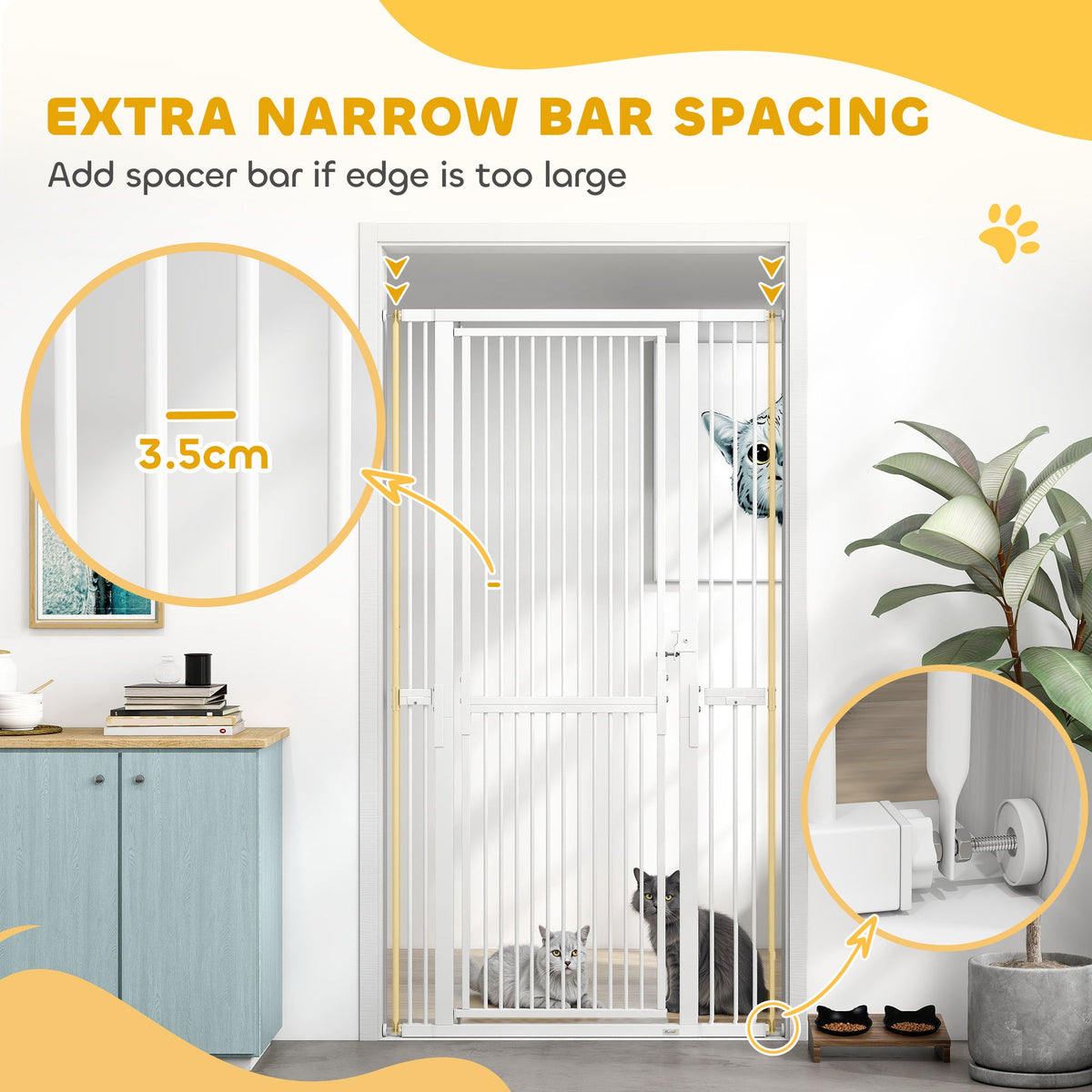 The pet gate highlighting the narrow bar spacing and the pressure mounting mechanism
