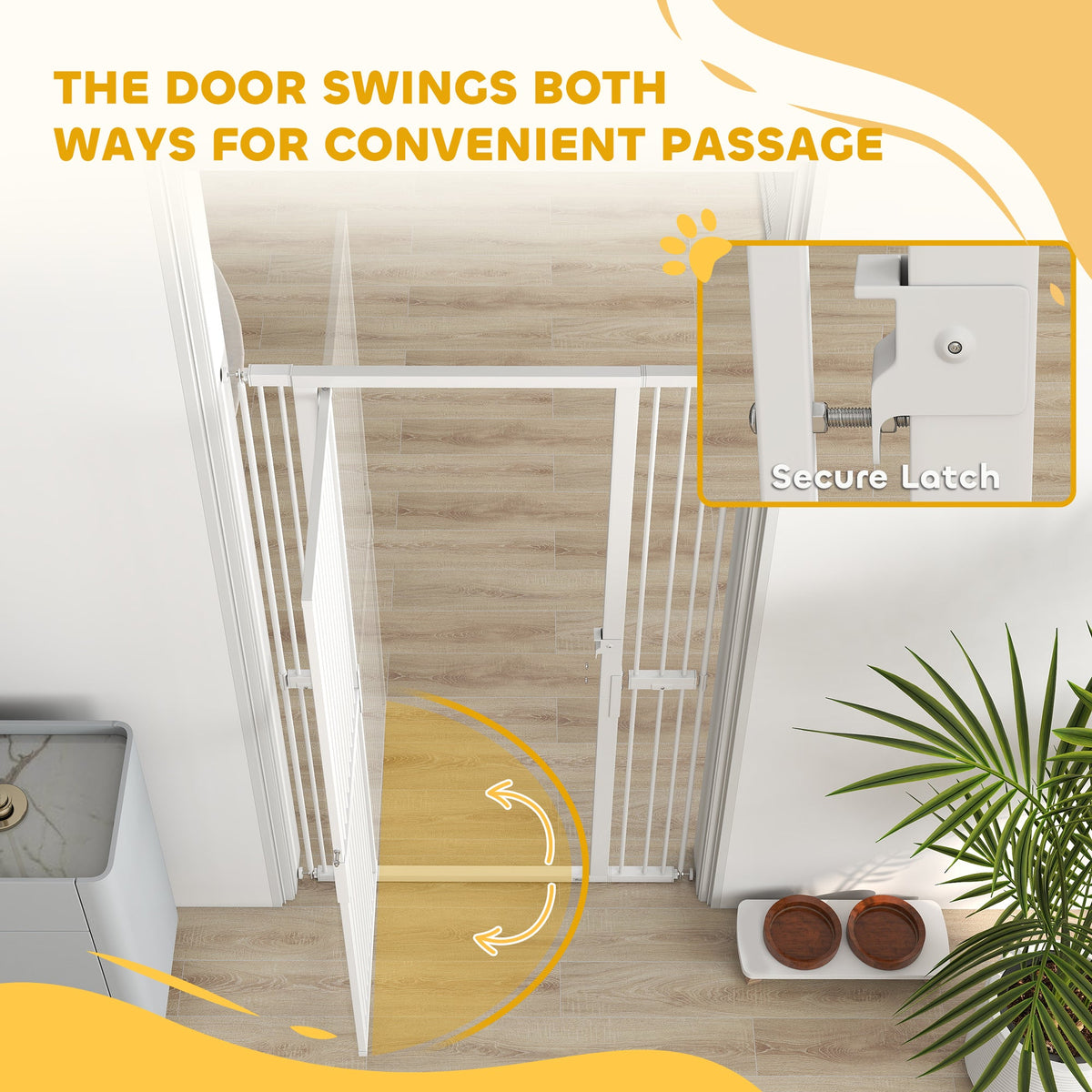 The pet gate showing the door swinging open in both directions with a secure latch