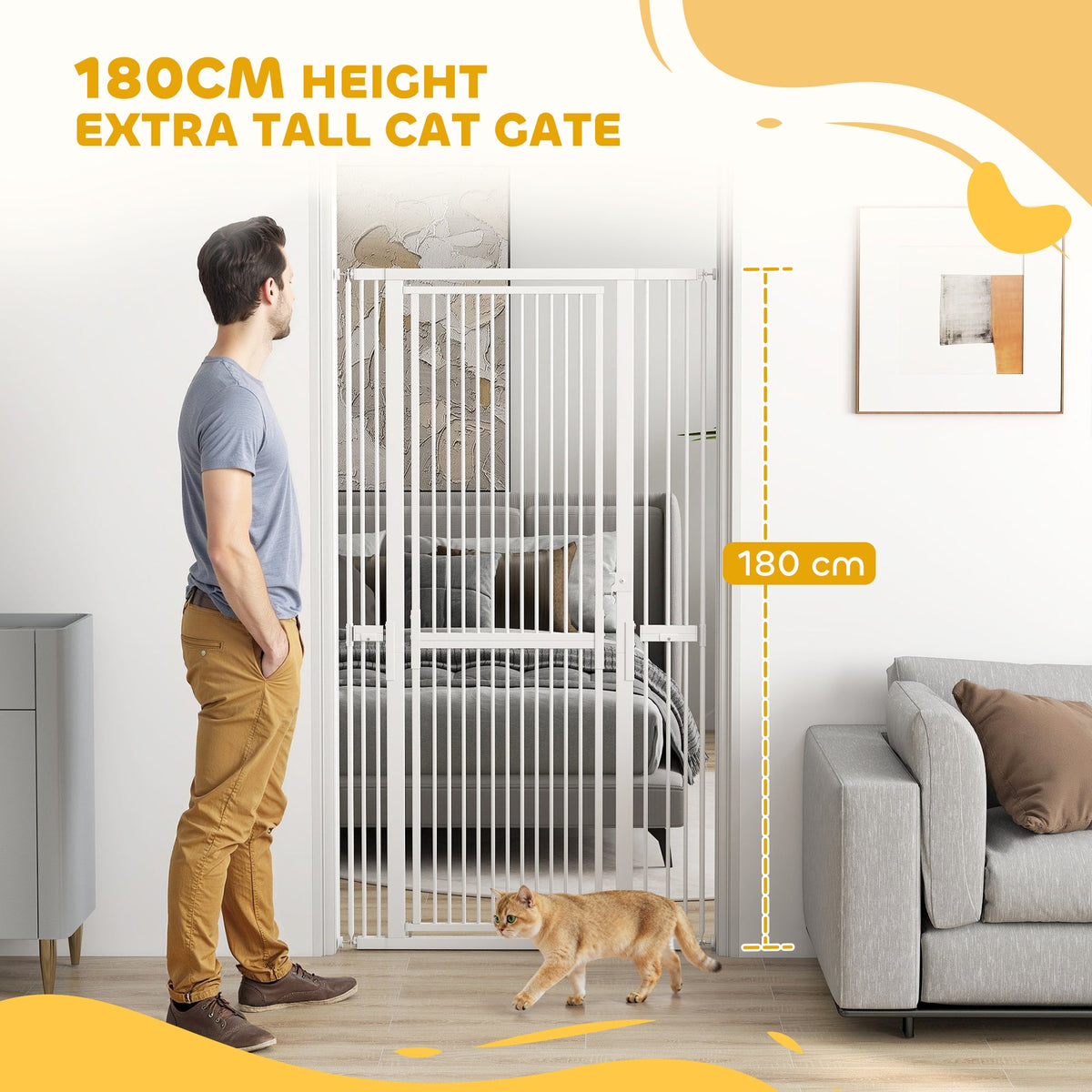 The tall pet gate standing in a doorway next to a man for scale