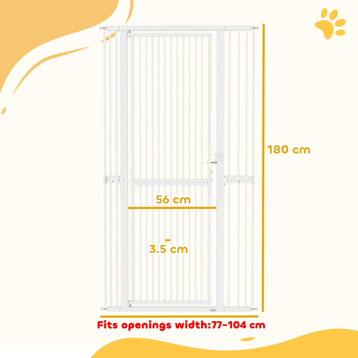 The pet gate shown with technical lines indicating its height and narrow bar spacing