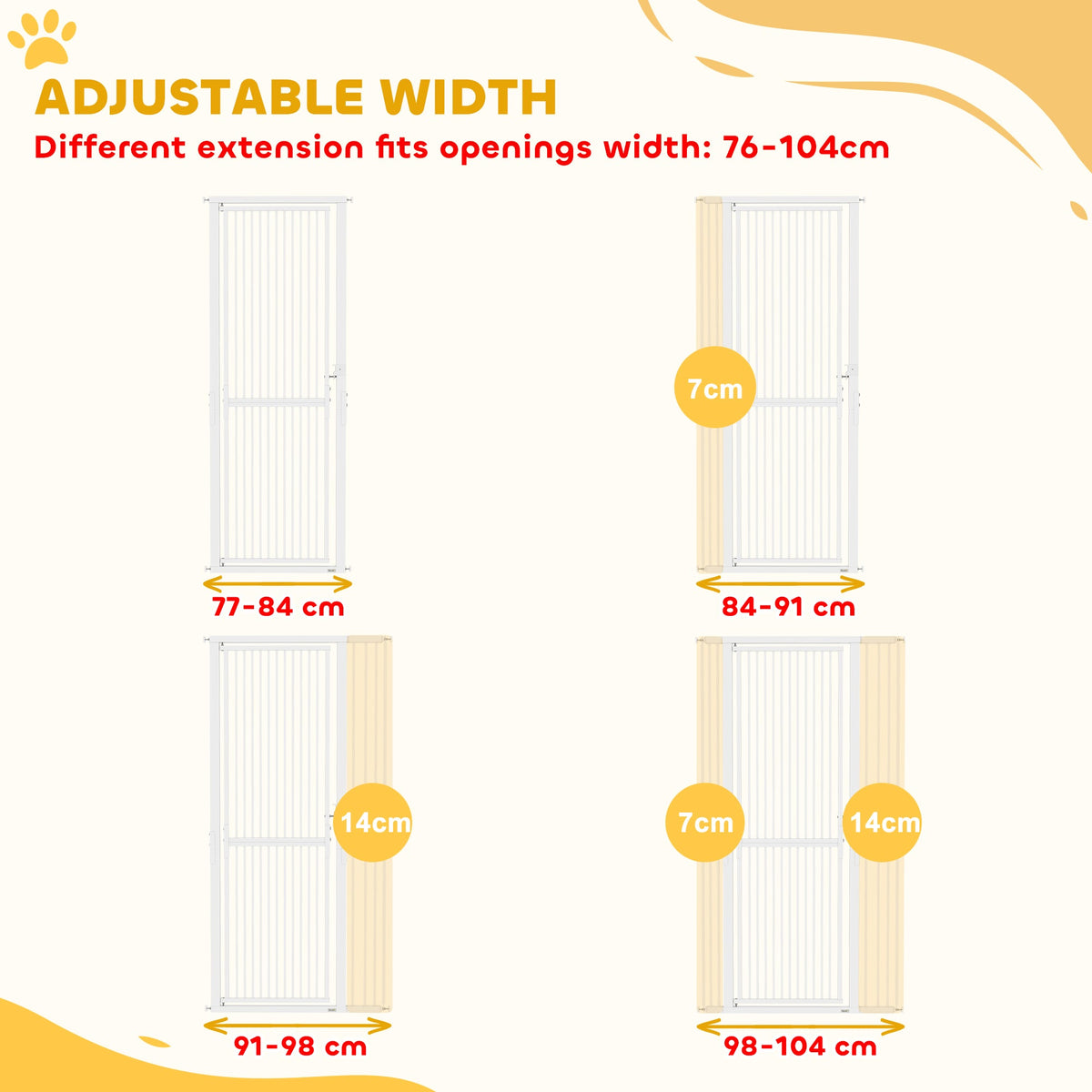 The pet gate shown in four different configurations to demonstrate width adjustability