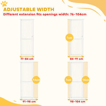 The pet gate shown in four different configurations to demonstrate width adjustability