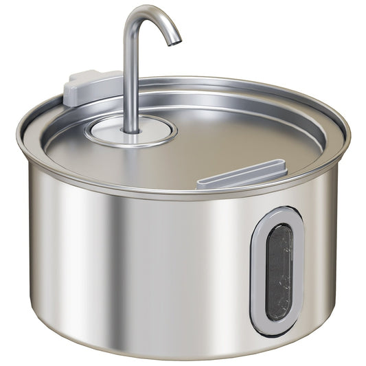 PawHut 2.5L Stainless Steel Cat Water Fountain for drinking with a water level window