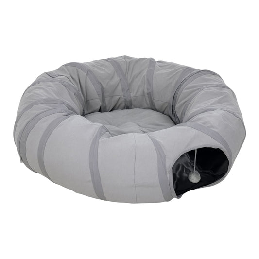 PawHut 2 in 1 Cat Tunnel with Bed, a grey collapsible tunnel with a soft bed inside