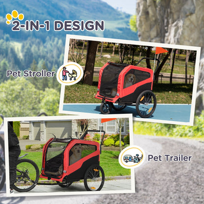 Collage showing the red and black dog trailer as a stroller and as a pet trailer