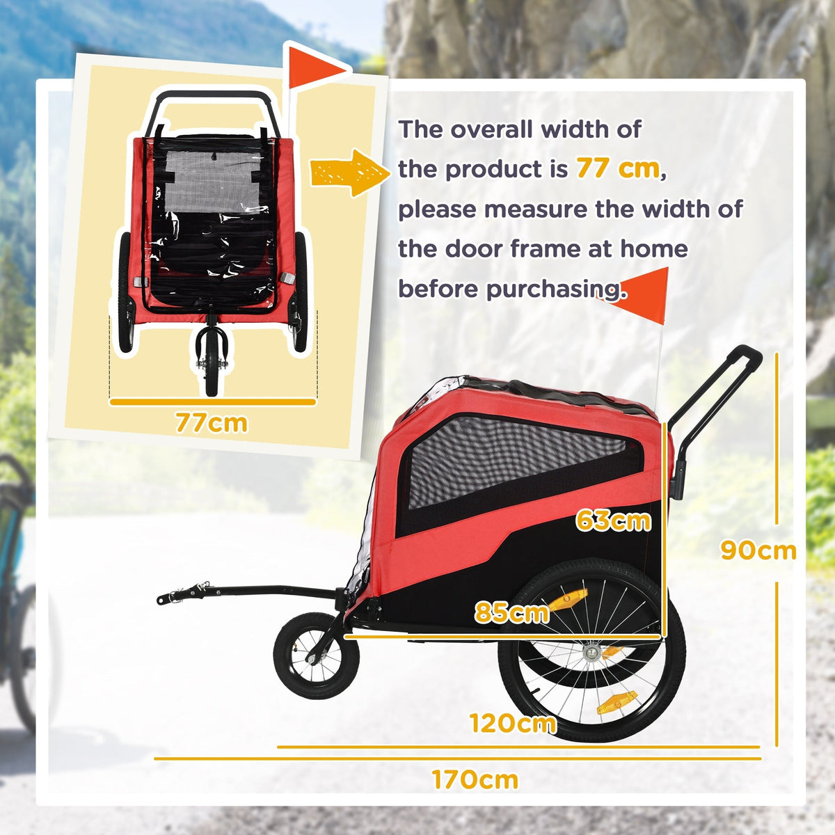 Diagram showing the dimensions of the red and black dog trailer with measurements