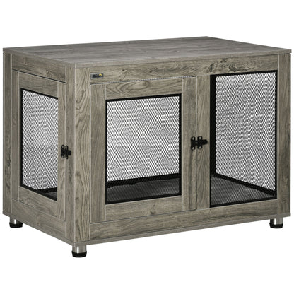 PawHut 2-in-1 Dog Cage & Side Table in a grey wood finish with black metal mesh panels