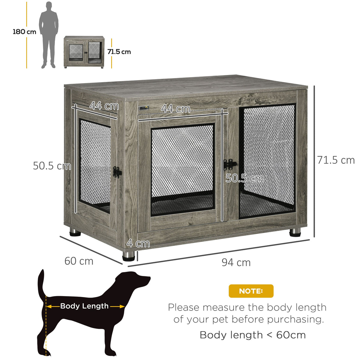 The dog crate shown with technical lines and labels indicating its overall dimensions