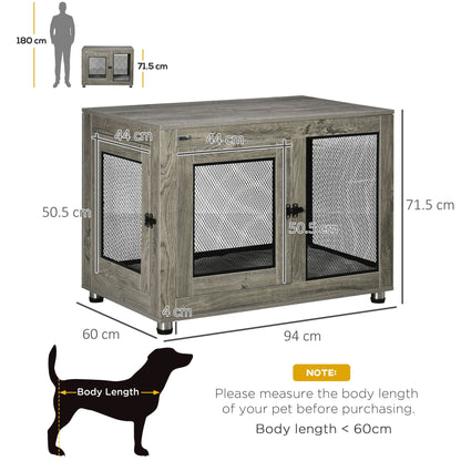 The dog crate shown with technical lines and labels indicating its overall dimensions