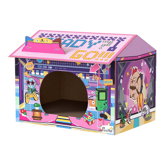 PawHut 2 in 1 Gaming Style Cardboard Cat House with a pink roof and colourful arcade graphics