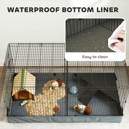 The small animal cage with an inset showing a hand wiping the waterproof bottom liner