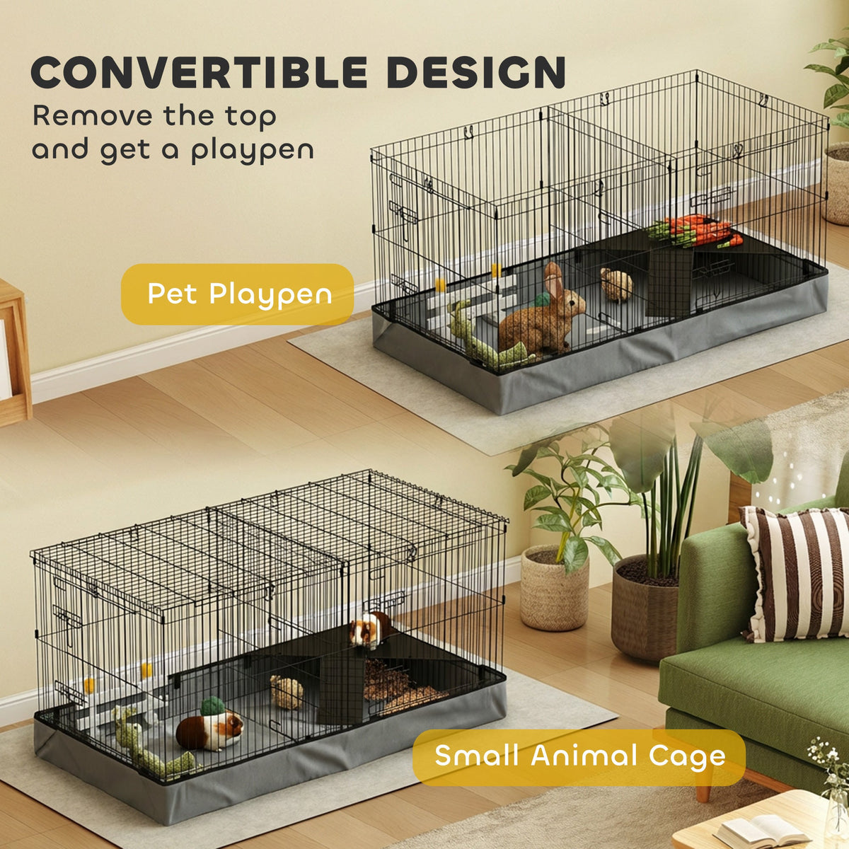 The small animal cage shown in two configurations as a playpen and a covered cage