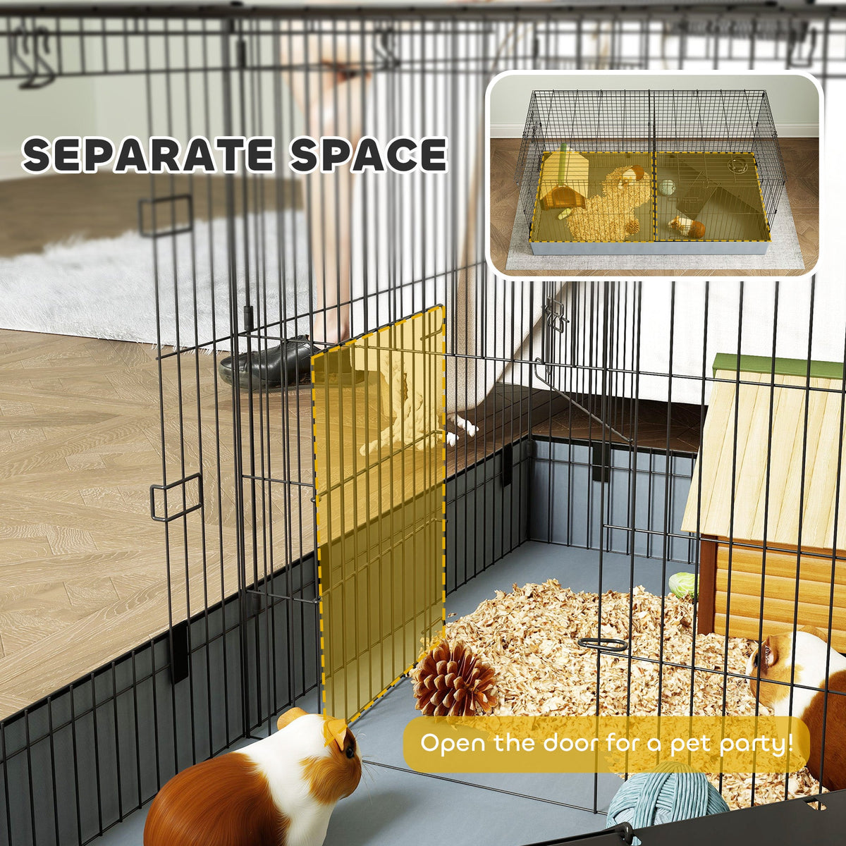 The small animal cage interior showing a divider panel creating two separate areas