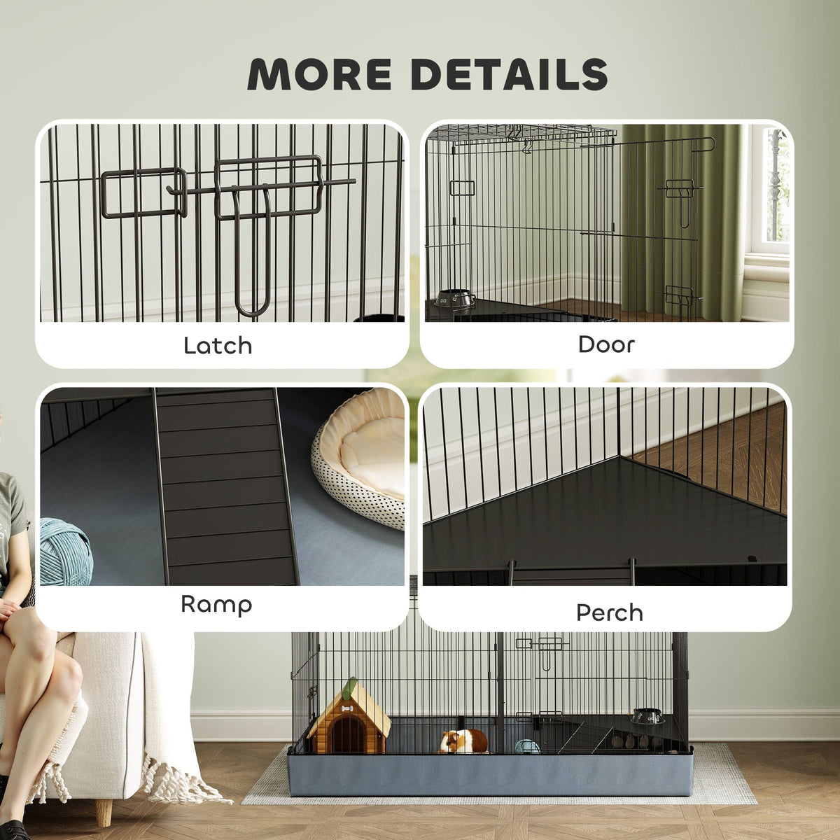 The small animal cage featuring four close-up panels of the latch, door, ramp and perch
