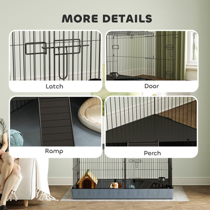 The small animal cage featuring four close-up panels of the latch, door, ramp and perch