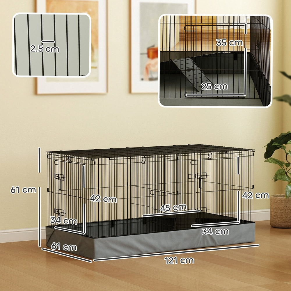 The small animal cage showing various dimensions with labels and close-up insets
