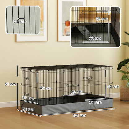 The small animal cage showing various dimensions with labels and close-up insets