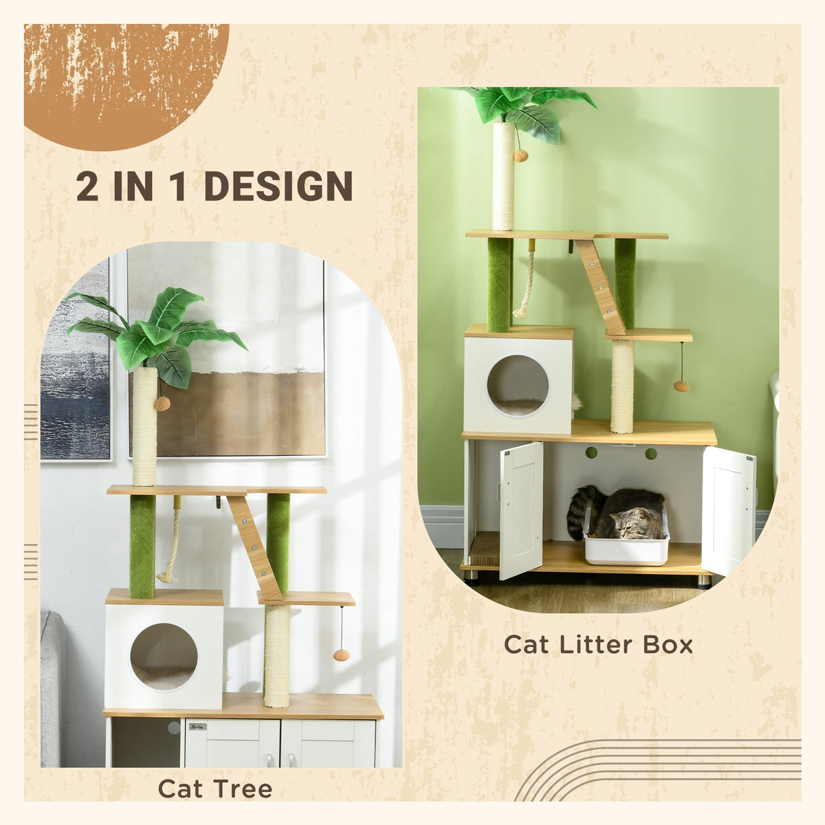 The cat litter box demonstrating the dual functionality as a climbing tree and enclosure