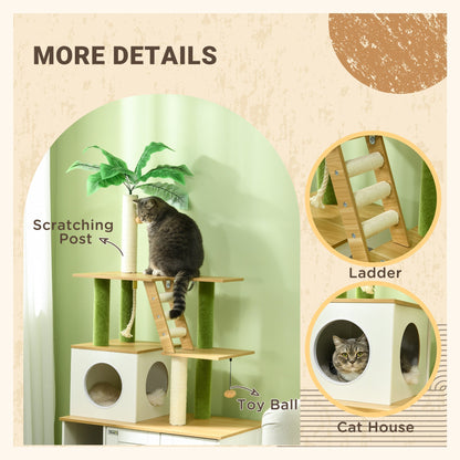 The cat litter box highlighting the scratching post, ladder and house components