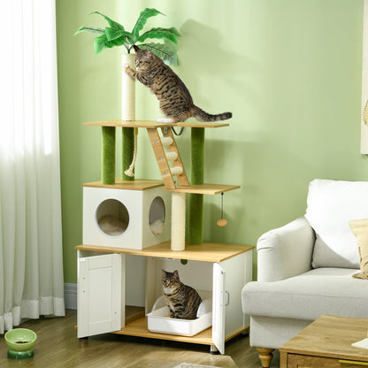 The cat litter box in a living room with a cat inside and another cat on the top platform