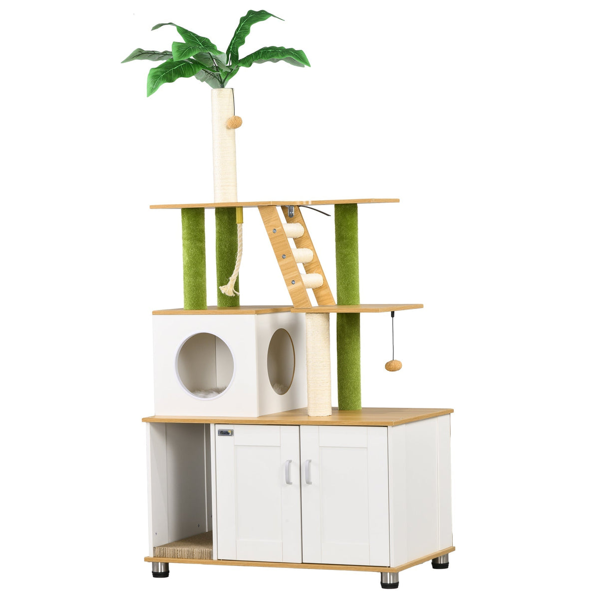 PawHut 2-in-1 Hidden Cat Litter Box with a palm tree top, scratching posts and a ladder