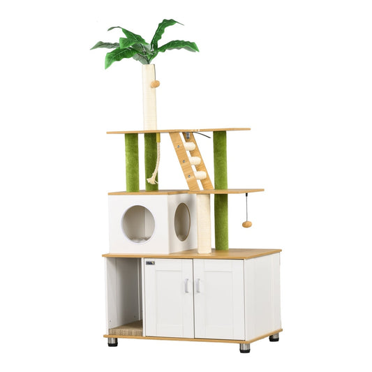 PawHut 2-in-1 Hidden Cat Litter Box with a palm tree top, scratching posts and a ladder