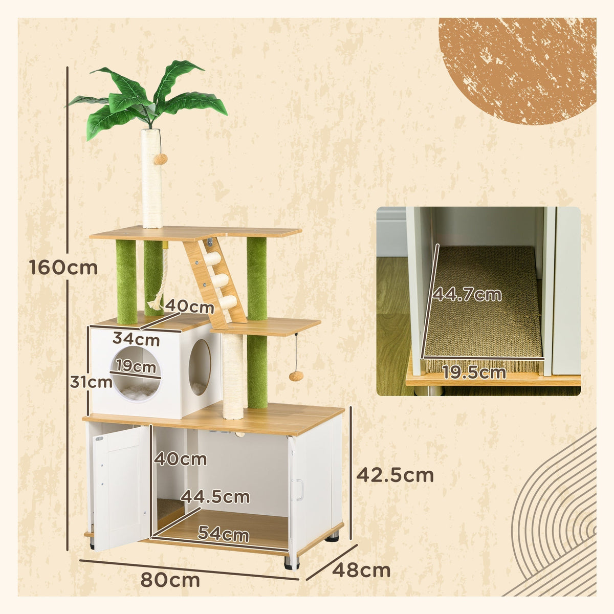 The cat litter box shown with technical dimensions and a close-up of the internal base