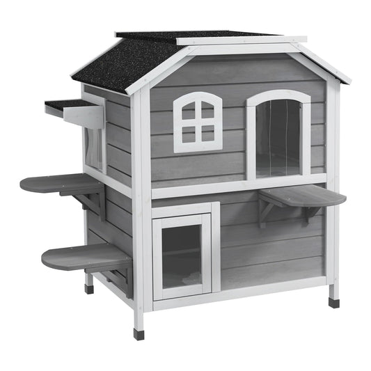 PawHut 2-story Cat House Outdoor, a grey wooden cat enclosure with two levels and platforms