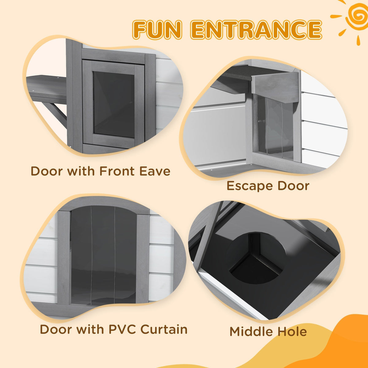 Close-up views of the cat house doors and interior middle hole