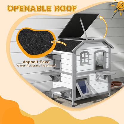 The cat house features an openable asphalt eave roof for weather protection