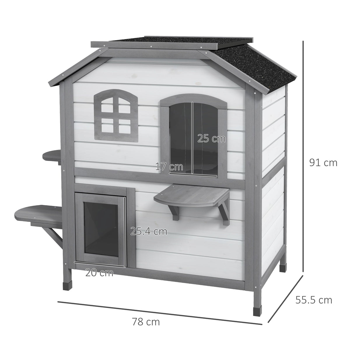 A diagram showing the dimensions of the cat house with measurements in cm