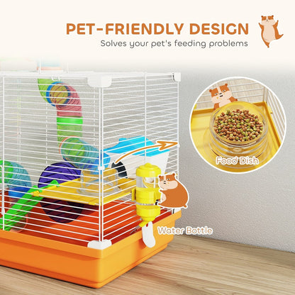 The hamster cage with a water bottle and food dish clearly visible and labelled