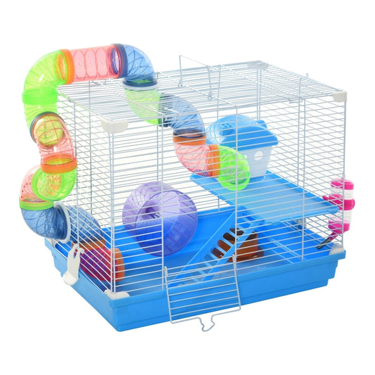 Pawhut 2 Tier Hamster Cage with blue base, clear tubes, exercise wheel and accessories
