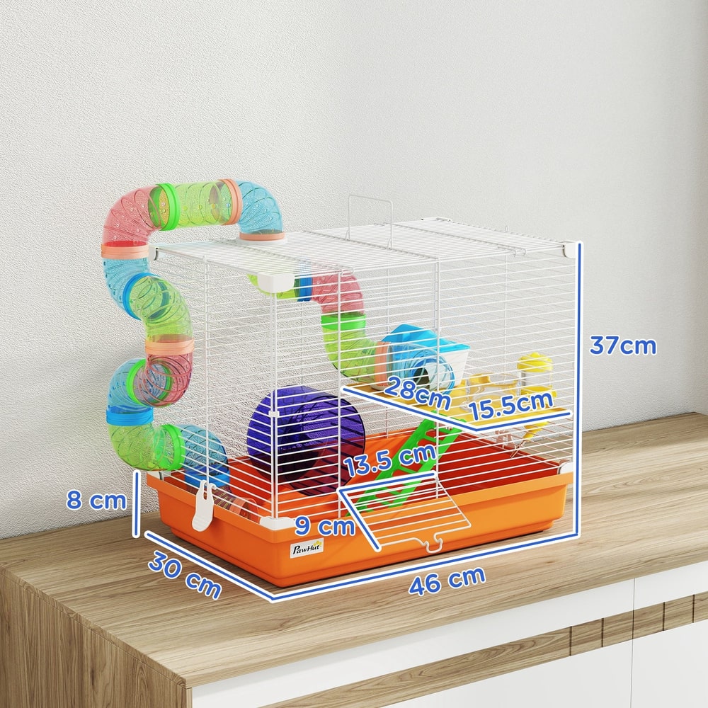 The hamster cage with dimensions labelled for length, width, height and platform sizes