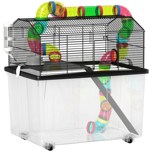 PawHut Two-Tier Hamster Cage with 31cm Deep Tray showing the wire top and colourful tube system
