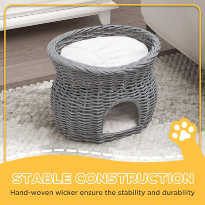 Close up of the grey wicker cat house showing the woven texture and cushion