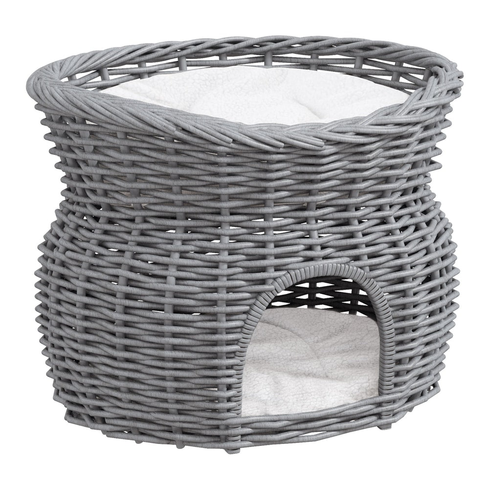 PawHut 2-Tier Wicker Cat House in grey wicker with two levels and a cut-out entrance