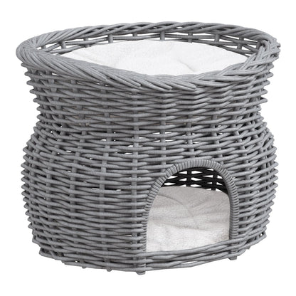 PawHut 2-Tier Wicker Cat House in grey wicker with two levels and a cut-out entrance