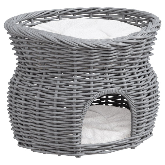 PawHut 2-Tier Wicker Cat House in grey wicker with two levels and a cut-out entrance