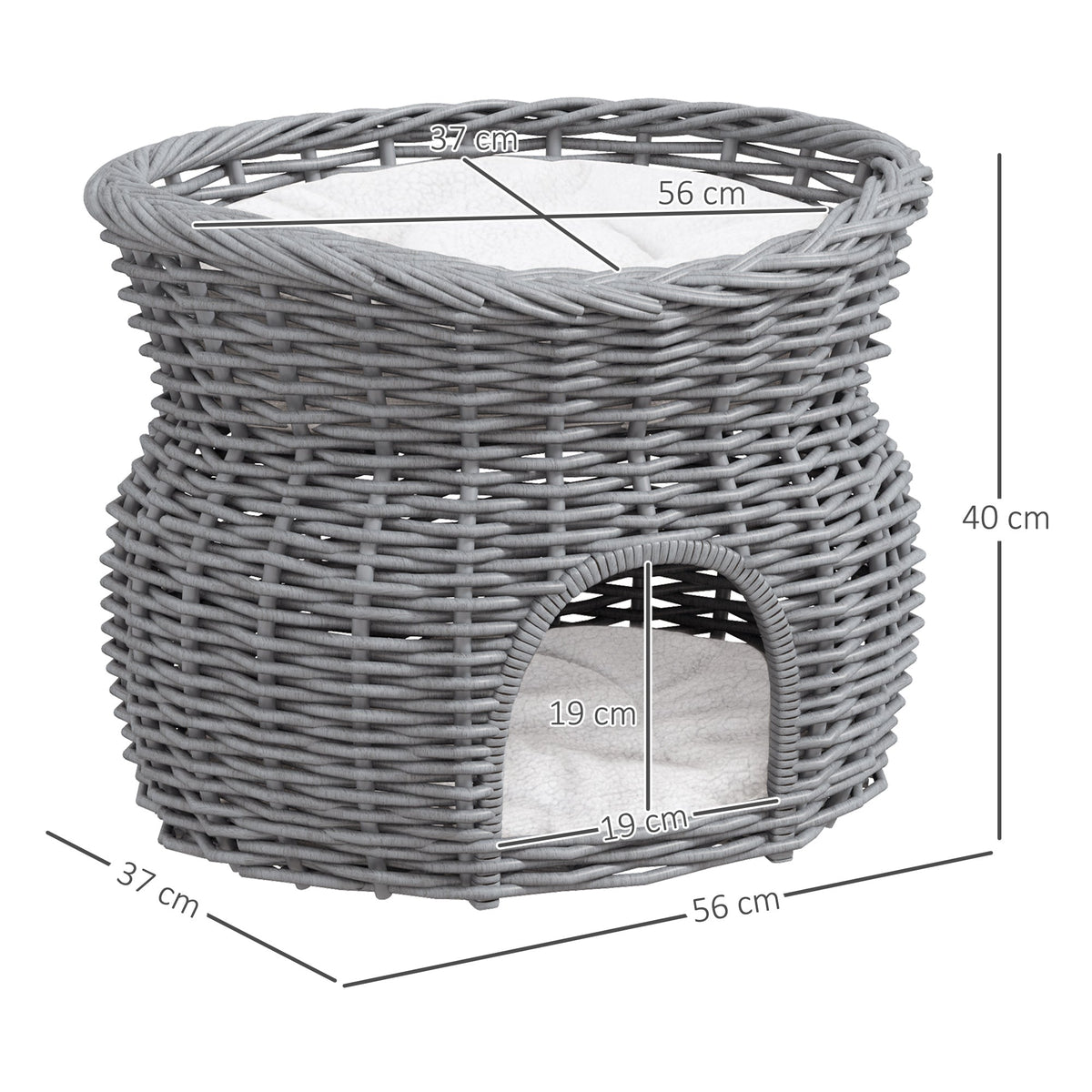The grey wicker cat house with dimensions shown for height and width